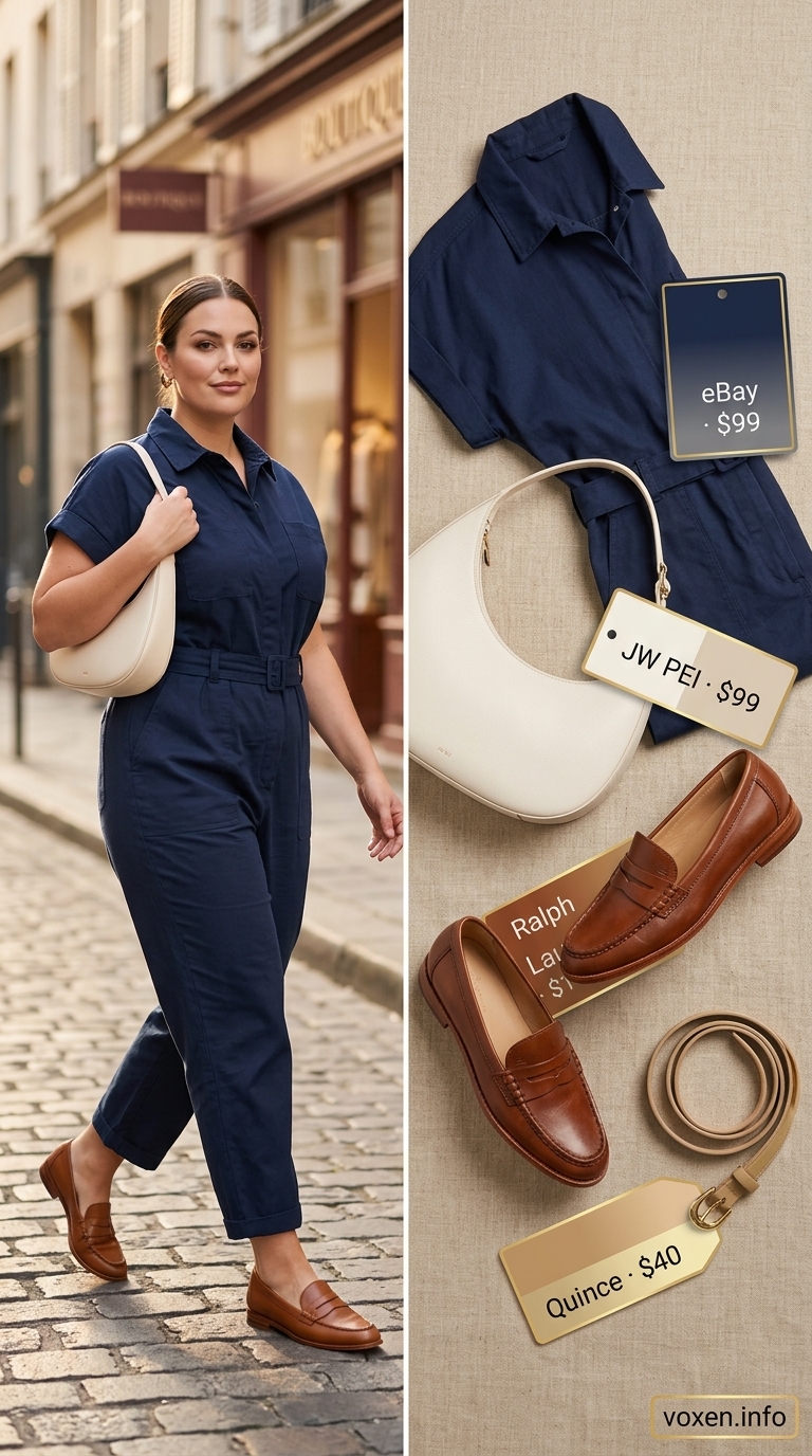 Midsize outfits for women summer 2026: Navy utility jumpsuit, tan loafers, gold hoops, faux leather shoulder bag.