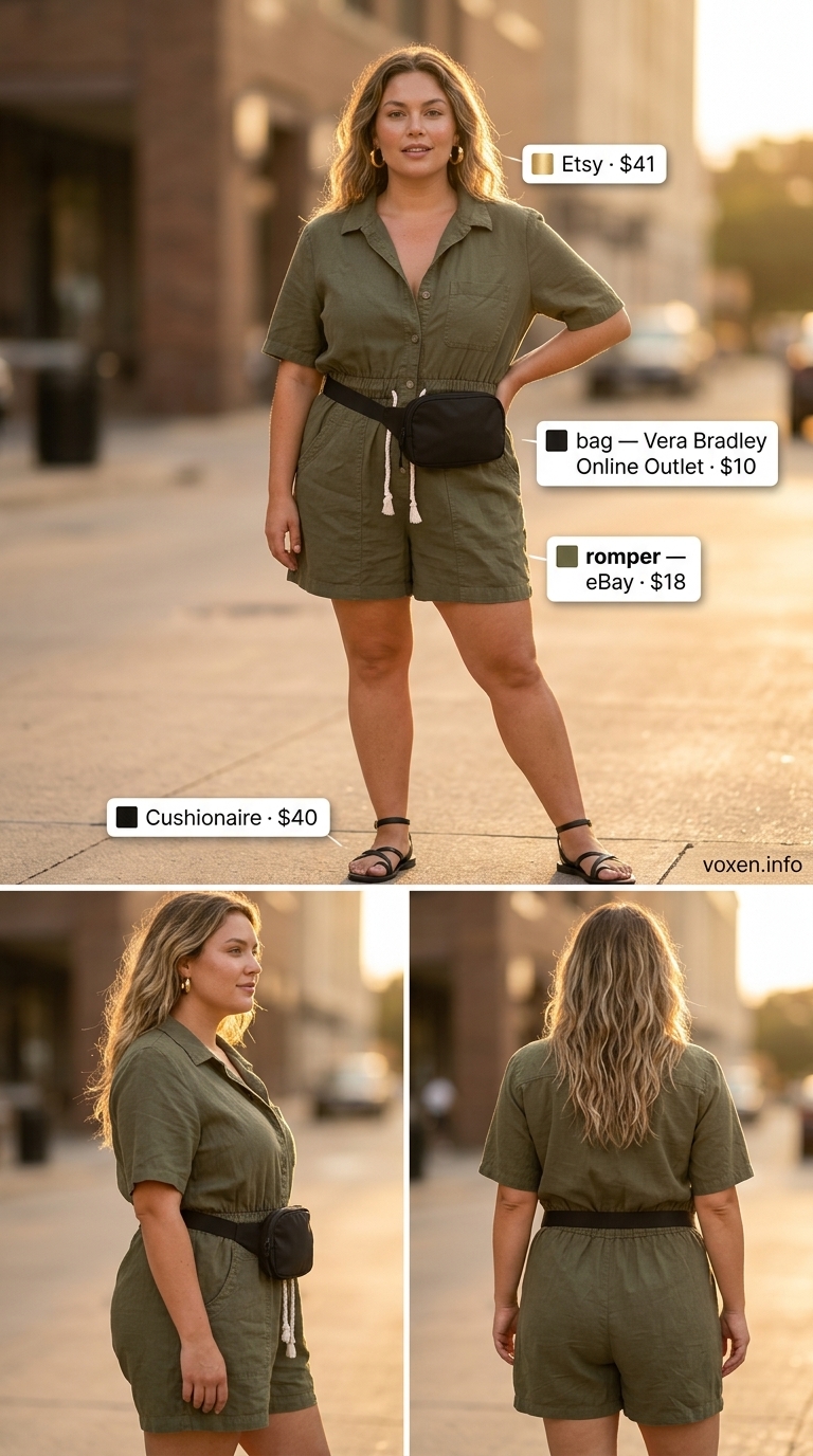 Midsize outfits for women summer 2026: Olive green utility romper, black chunky sandals, gold hoop earrings, black belt bag.