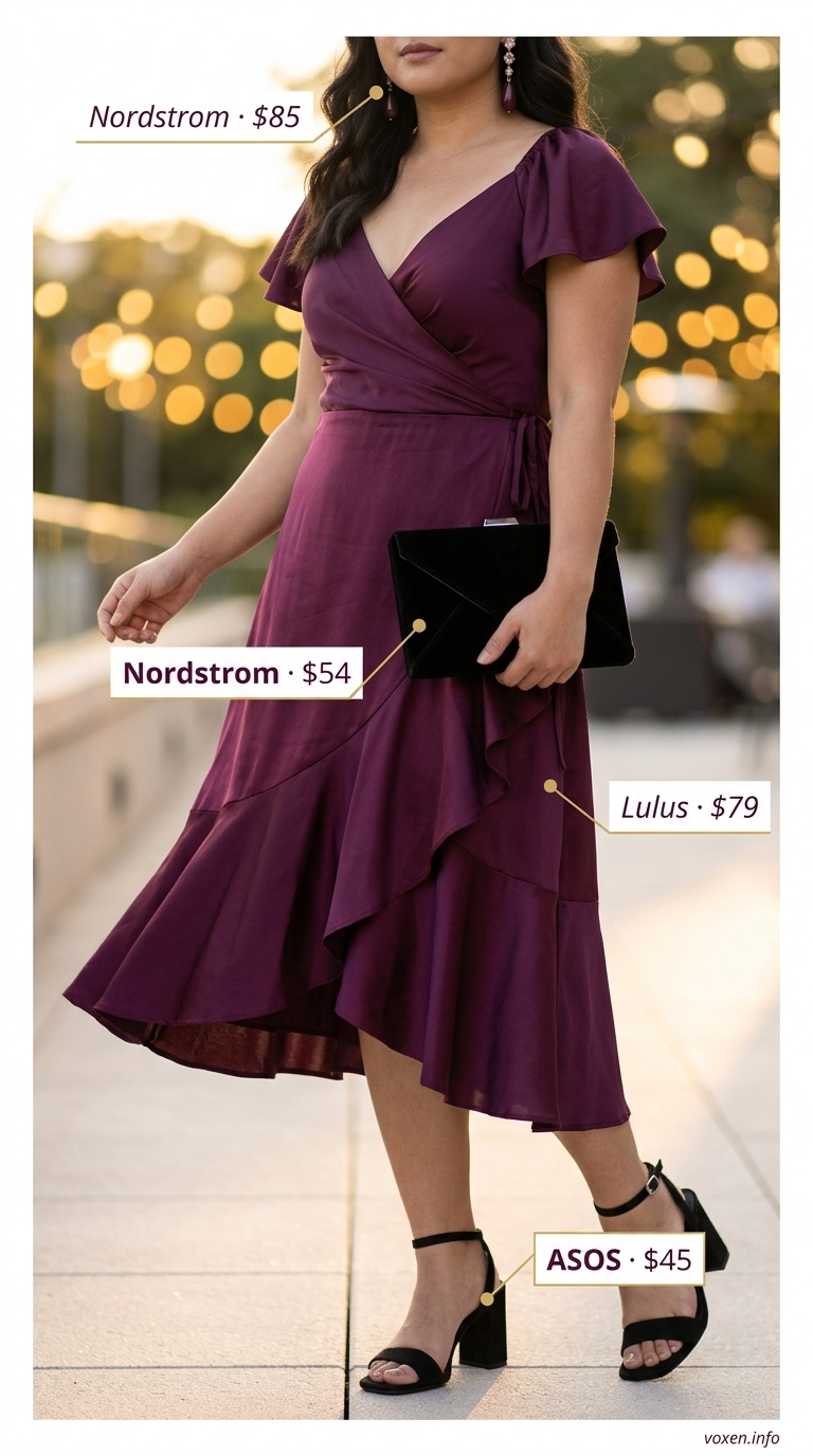 Midsize outfits for women summer 2026: Deep plum wrap dress, black block heels, statement gold earrings, velvet clutch.