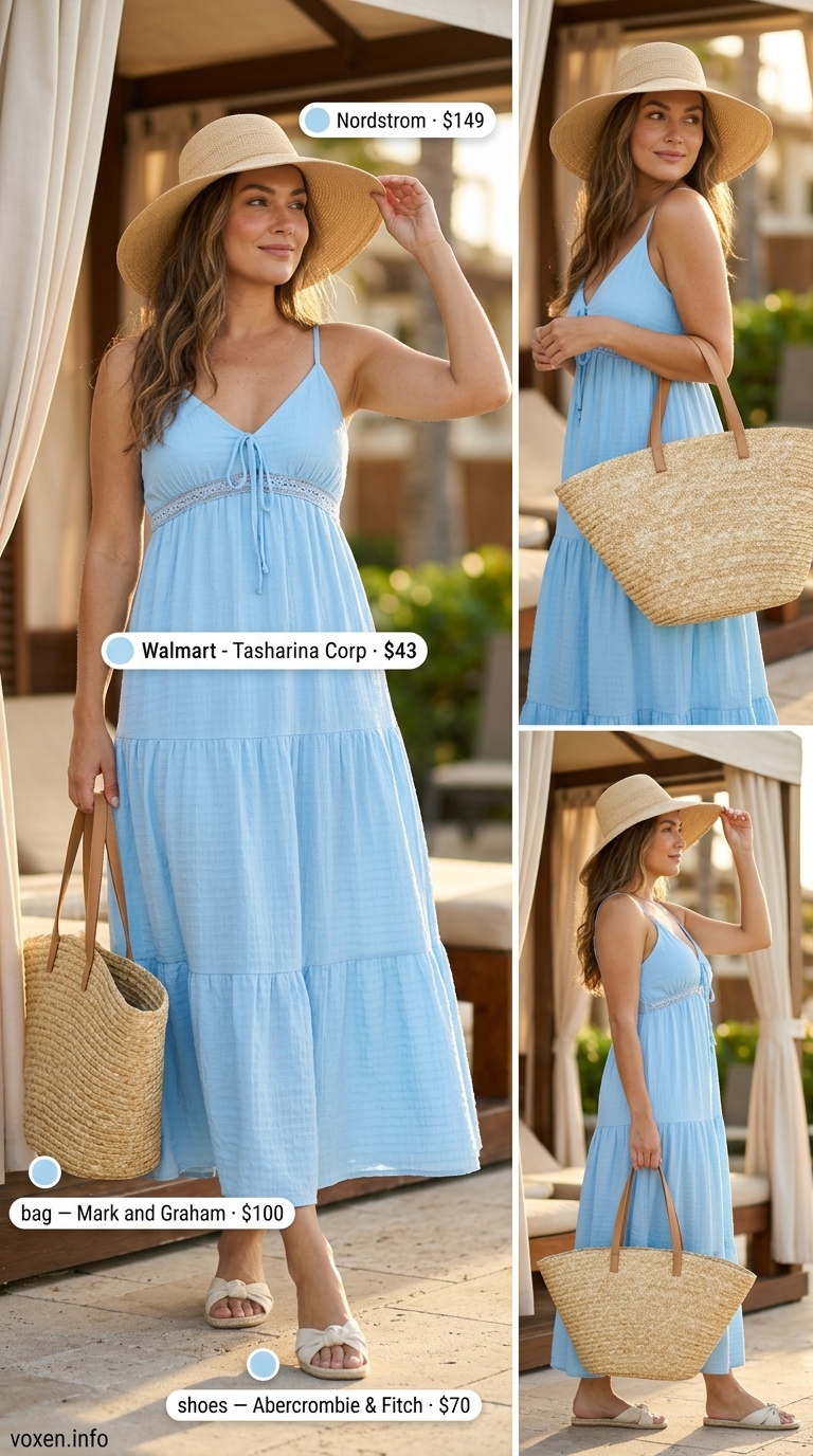Midsize outfits for women summer 2026: Sky blue flowy maxi dress, straw tote, wide-brim hat, flat slide sandals.