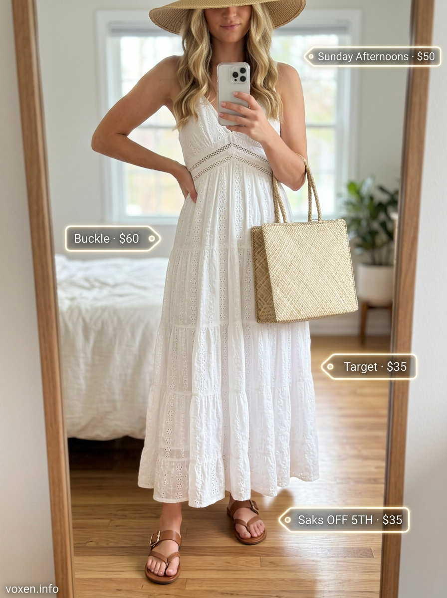 Minimalist summer outfits for women 2026: White cotton maxi dress, straw hat, and leather slides for beach.