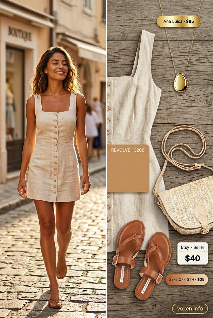 Minimalist summer outfits for women 2026: Cream linen mini dress, tan sandals, gold necklace, and straw bag.