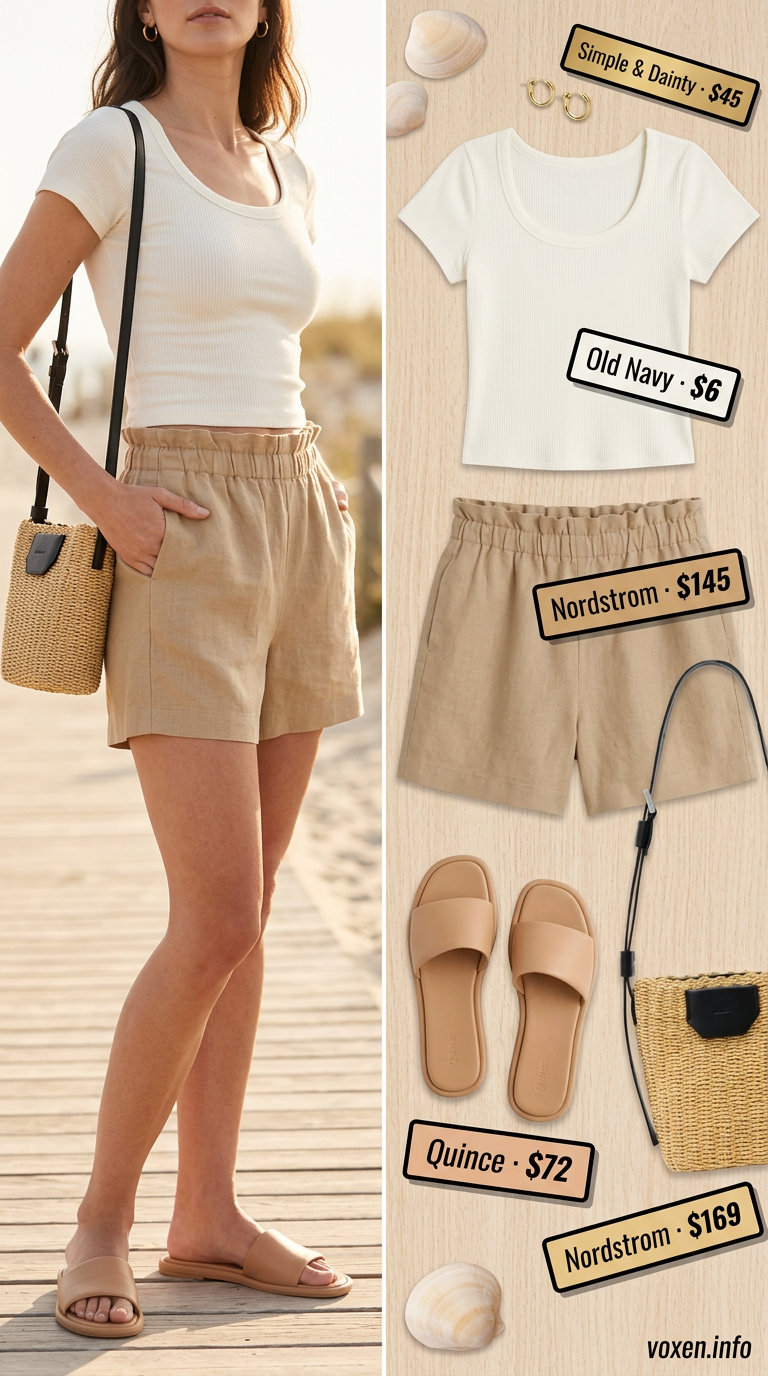 Minimalist summer outfits for women 2026: White cropped tee, linen shorts, leather slides for casual day.