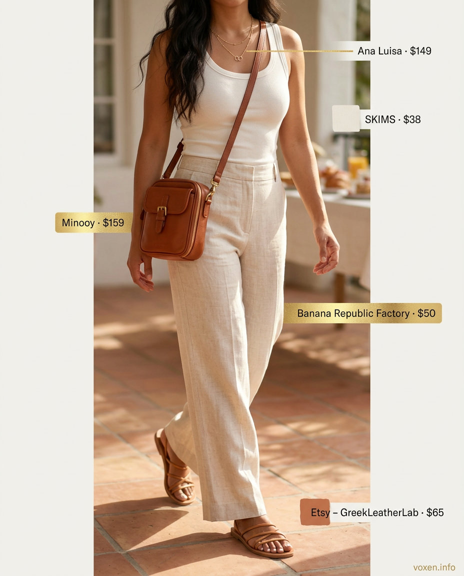 Minimalist summer outfits for women 2026: Ecru linen pants with cream tank, tan sandals, and cognac bag.
