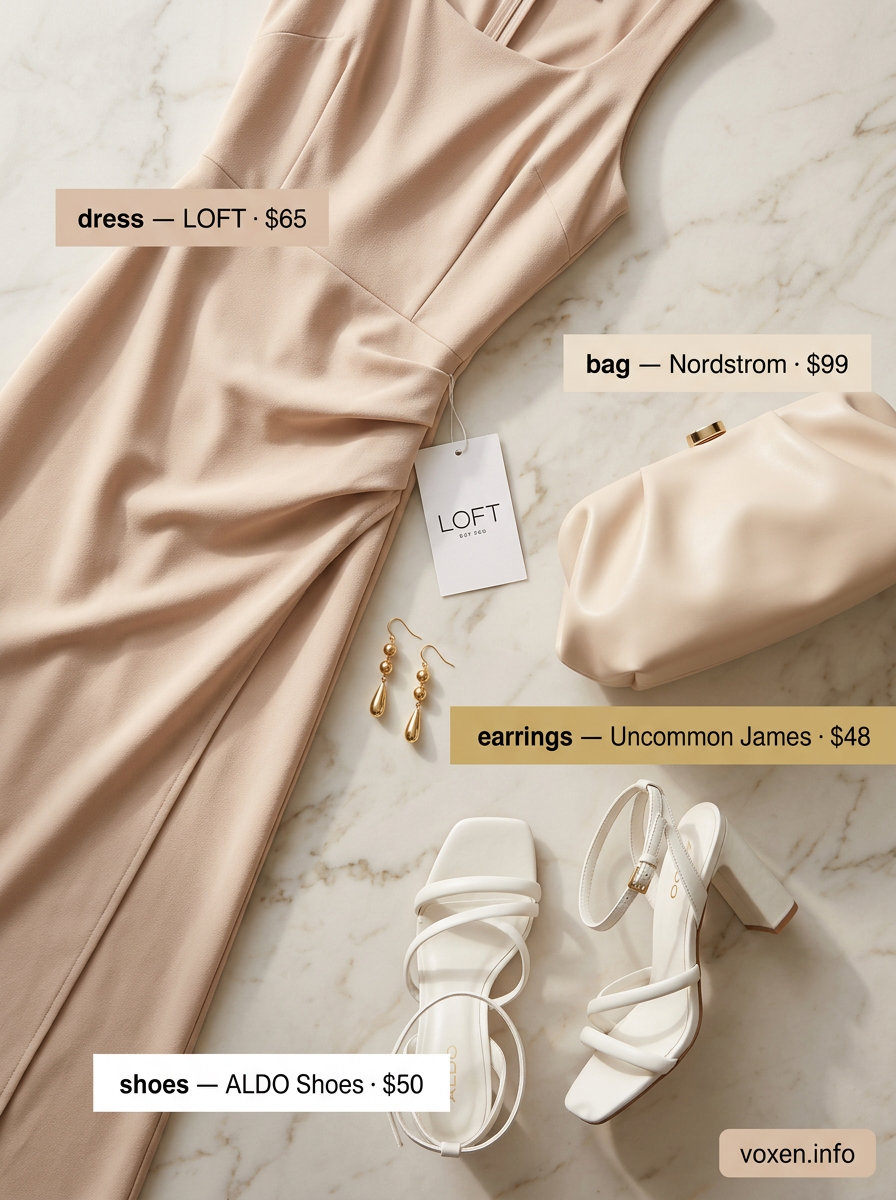 Minimalist summer outfits for women 2026: Soft beige maxi dress, gold earrings, and strappy heels for evening.