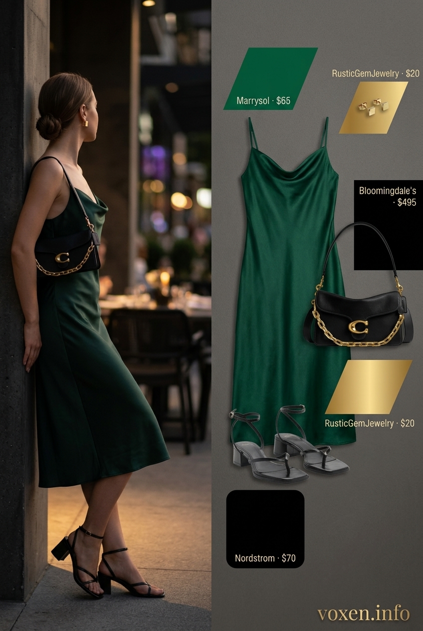 Minimalist summer outfits for women 2026: Forest green satin slip dress, black sandals, gold earrings, and shoulder bag.
