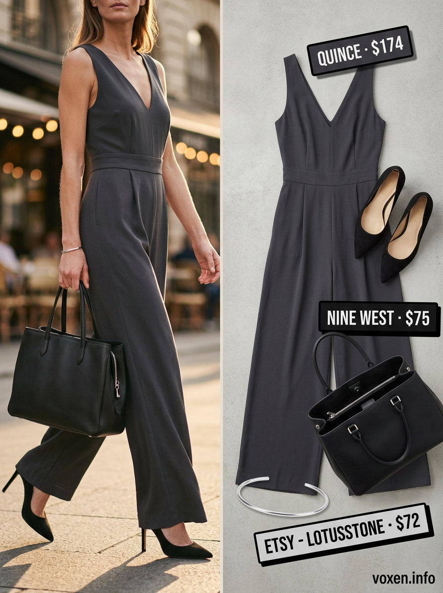 Minimalist summer outfits for women 2026: Charcoal grey wide-leg jumpsuit, silver bracelet, black heels, and tote.
