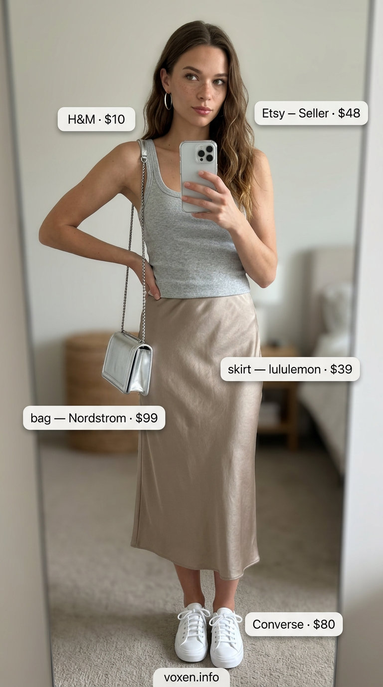 Minimalist summer outfits for women 2026: Grey satin midi skirt, white tank, sneakers, silver bag, and hoop earrings.