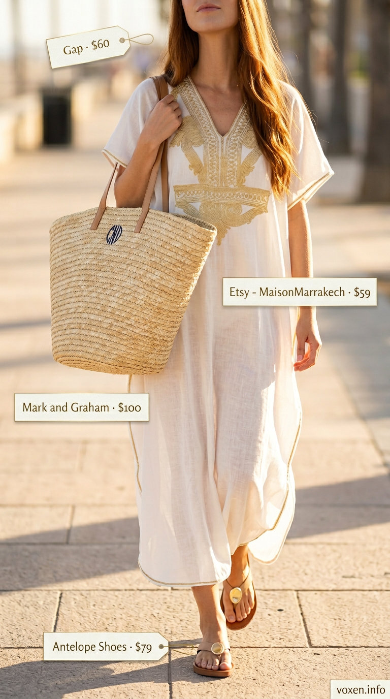 Minimalist summer outfits for women 2026: Ivory kaftan dress, straw hat, leather sandals, and woven tote.
