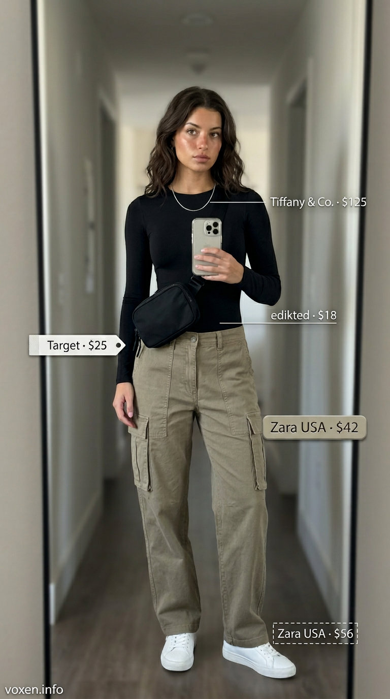 Minimalist summer outfits for women 2026: Khaki cargo pants with black bodysuit, white sneakers, and silver necklace.