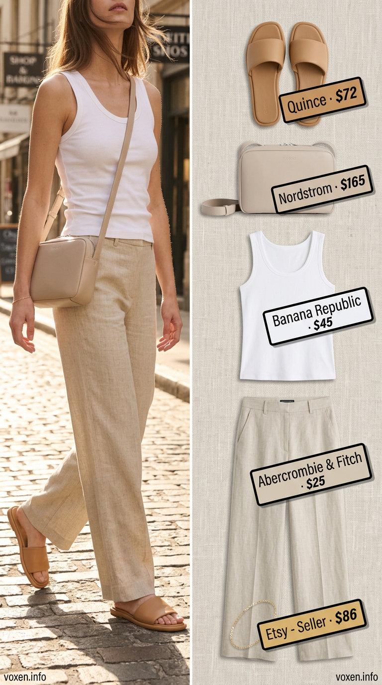 Minimalist summer outfits for women 2026: Oatmeal linen pants, white tank, tan slides, gold bracelet, and crossbody bag.