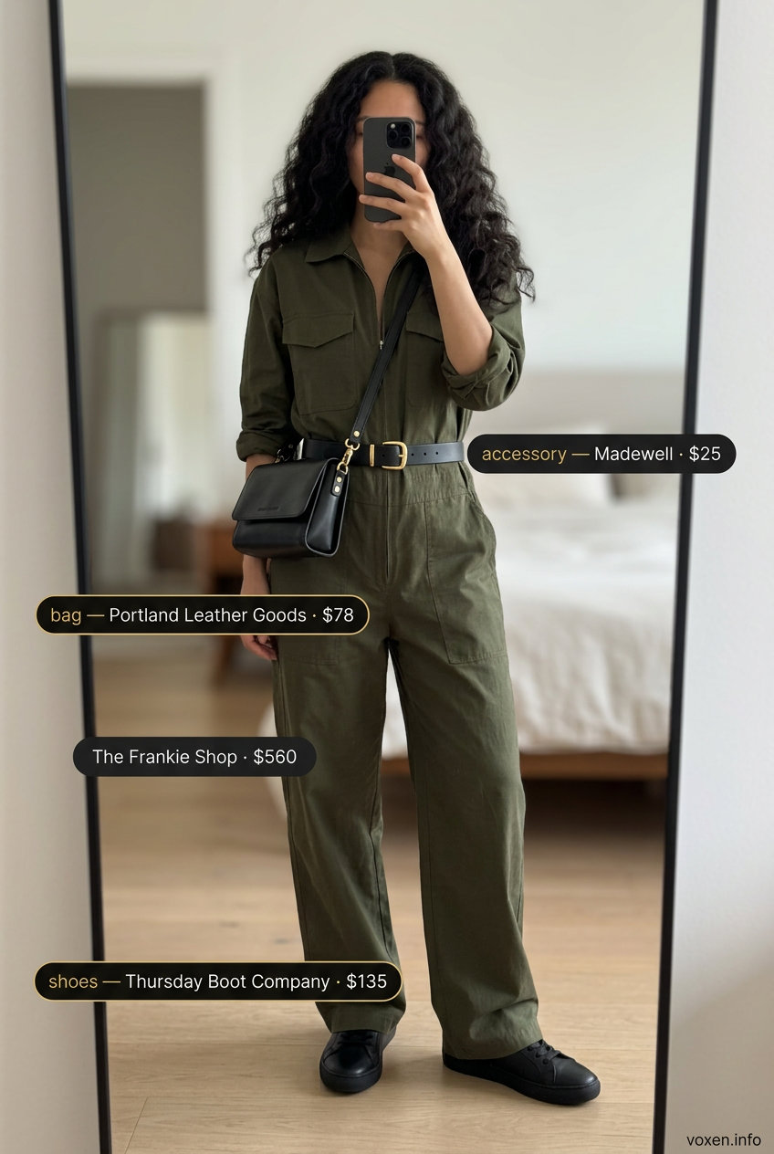 Minimalist summer outfits for women 2026: Olive green wide-leg jumpsuit with white sneakers and black belt bag.