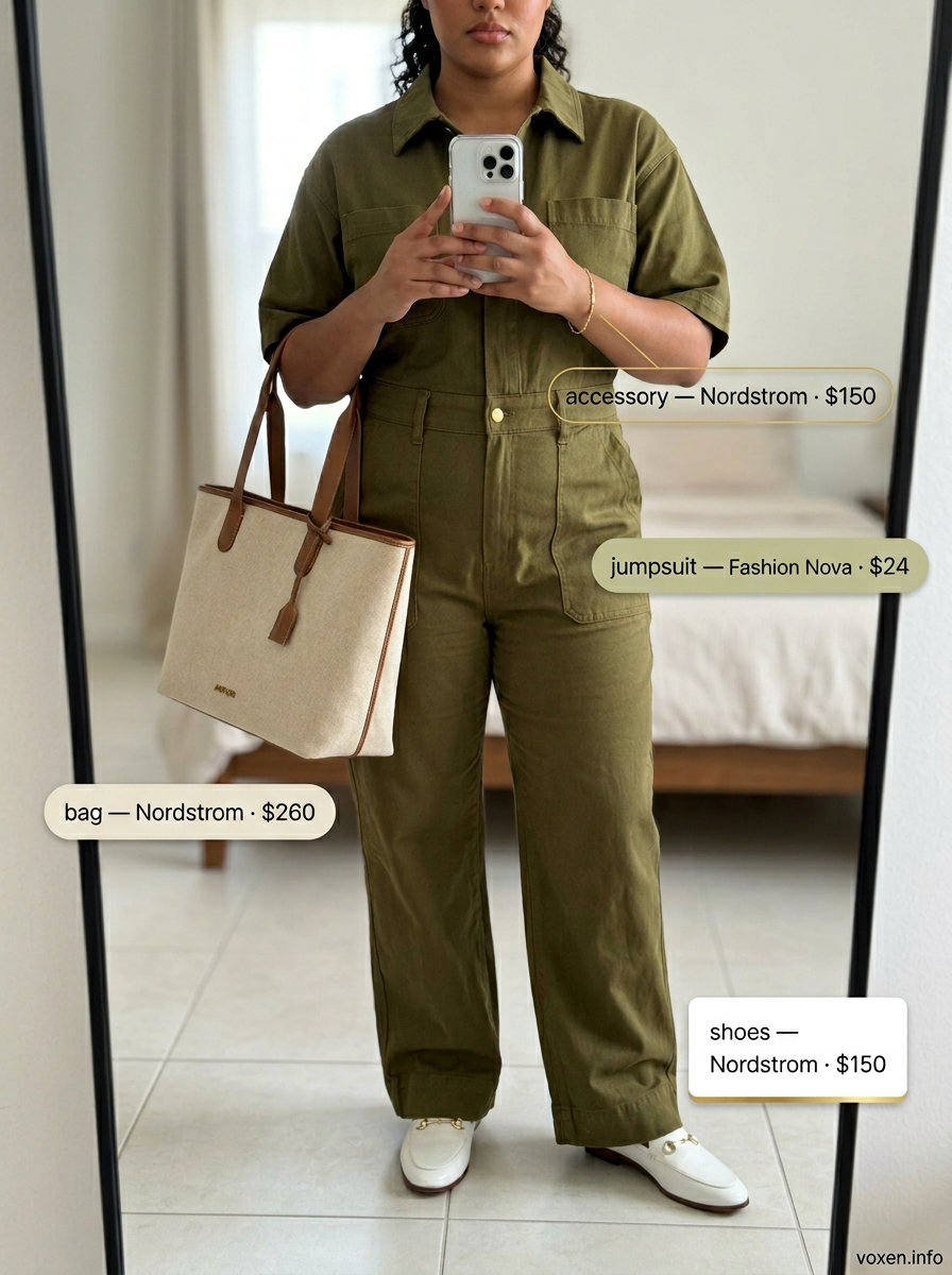 Minimalist summer outfits for women 2026: Olive green utility jumpsuit with cream loafers and gold jewelry for a casual outing.