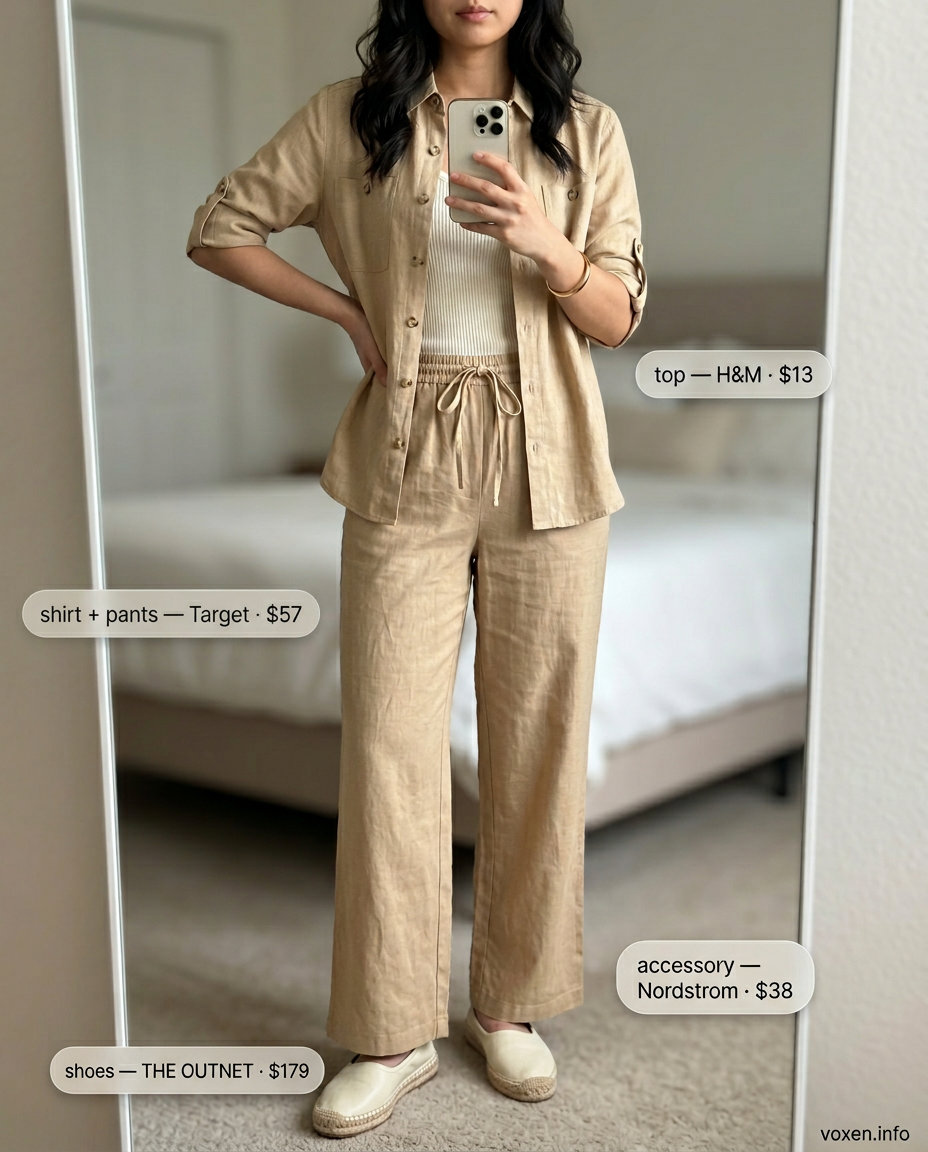 Minimalist summer outfits for women 2026: Sand linen matching set with cream tank and gold bangle for casual chic.