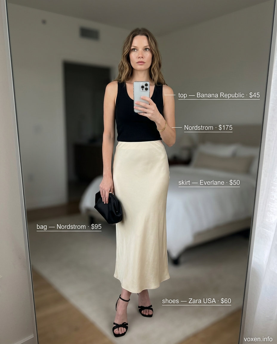 Minimalist summer outfits for women 2026: Champagne silk skirt, black knit top, strappy heels for evening.