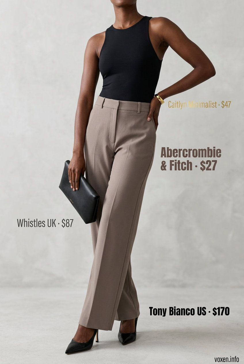 Minimalist summer outfits for women 2026: Taupe wide-leg pants, black bodysuit, gold cuff, pumps, and clutch.