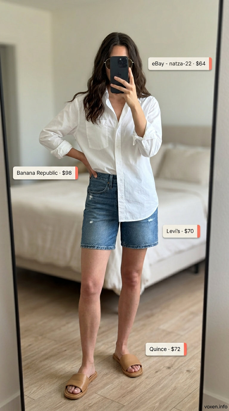 Minimalist summer outfits for women 2026: White oversized shirt with denim shorts, tan slides, and canvas tote.