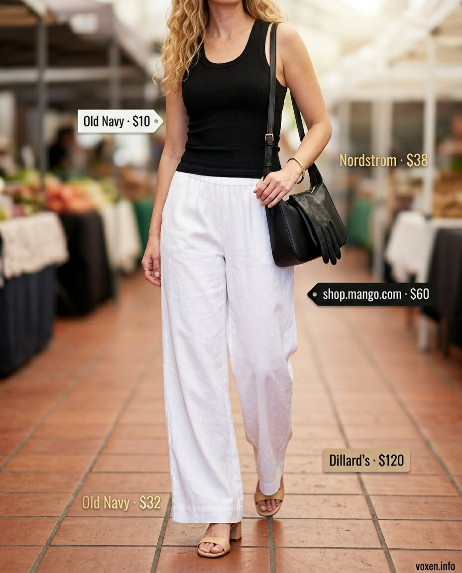 Minimalist summer outfits for women 2026: White pants, black tank, tan sandals for casual daytime.