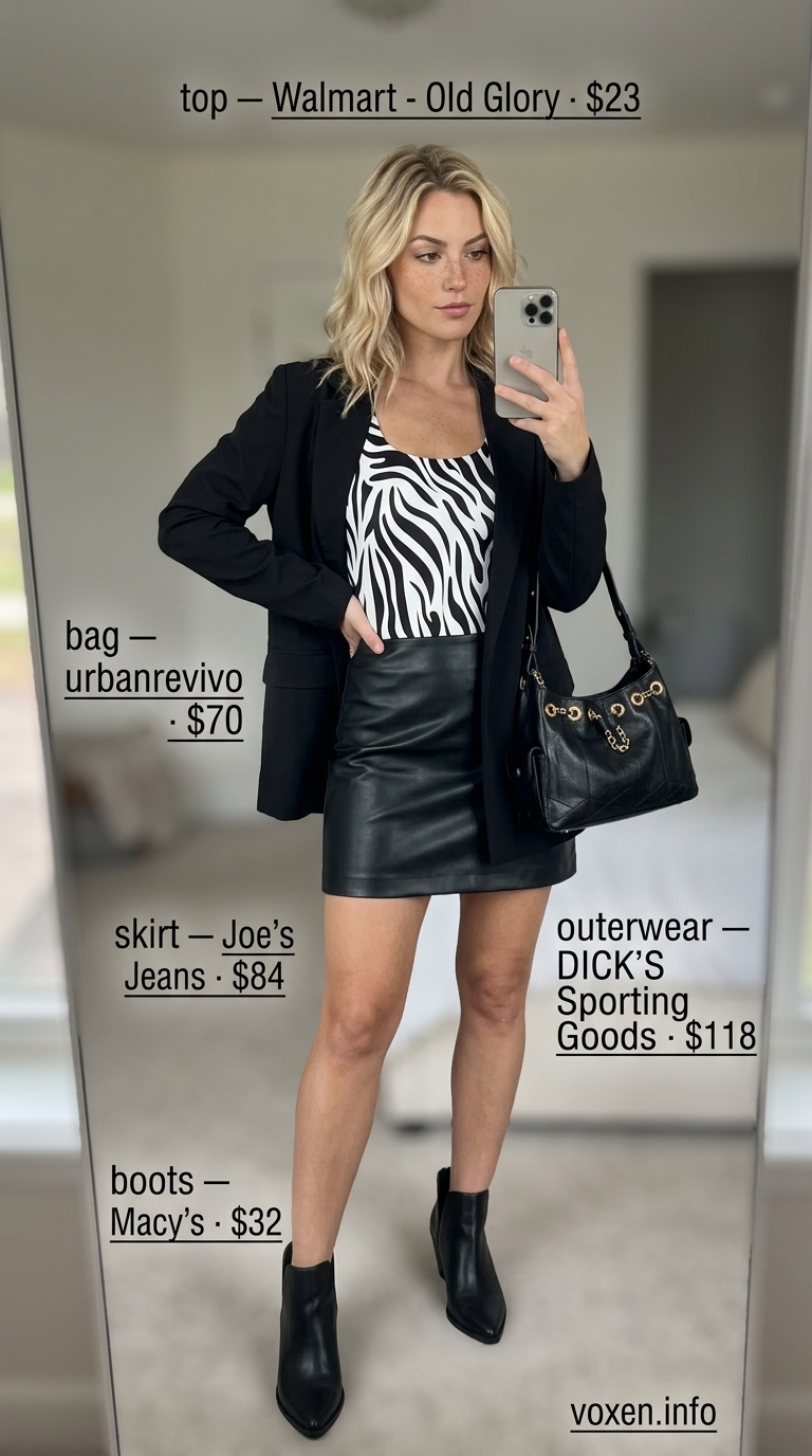 Zebra print tank, black skirt, and blazer for mob wife summer outfits 2026. Edgy city look.
