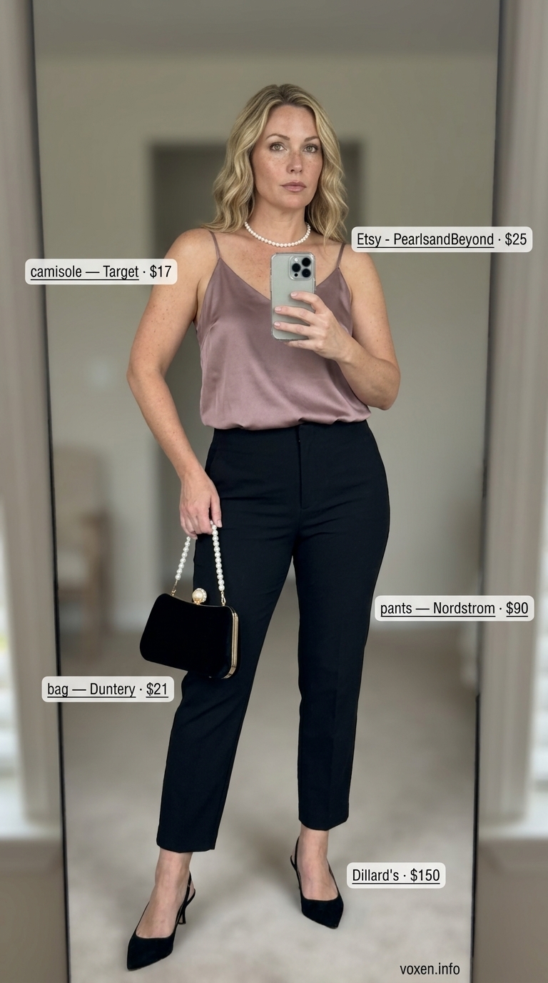 Mob wife summer outfits 2026: Blush silk camisole with black cigarette pants & pearl necklace for intimate dinners.