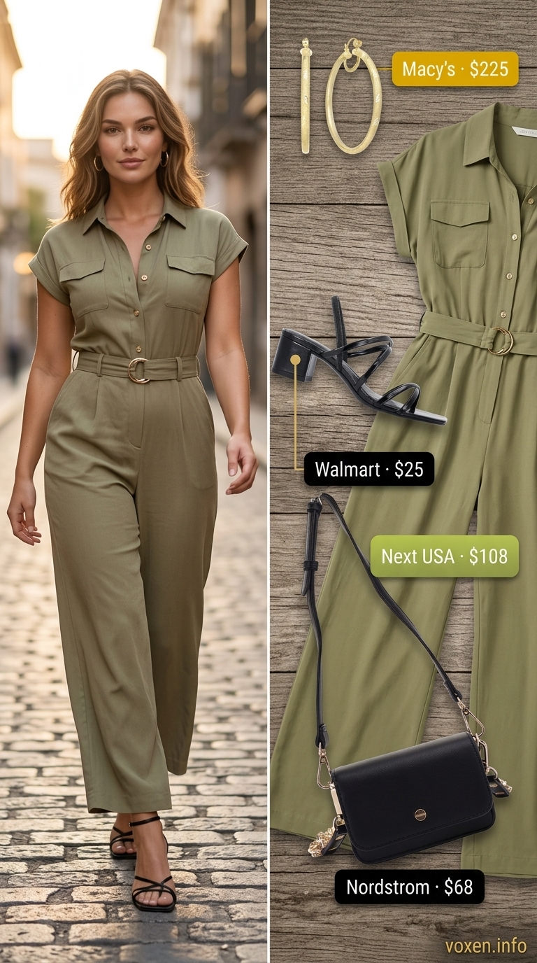 Mob wife summer outfits 2026: Khaki utility jumpsuit with gold accessories for desert chic.