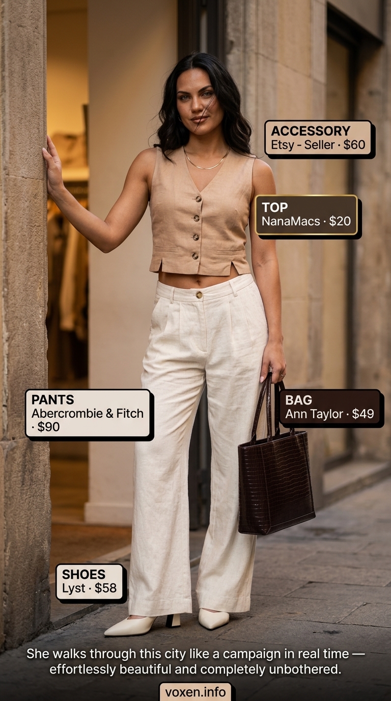 Mob wife summer outfits 2026: Tan linen vest and trousers with cream mules and dark brown bag for business casual.