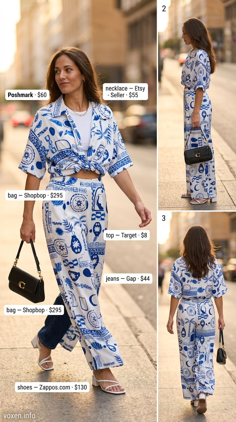 Mob wife summer outfits 2026: Indigo satin set with white tank, gold jewelry, and cat-eye sunglasses for a casual day out.