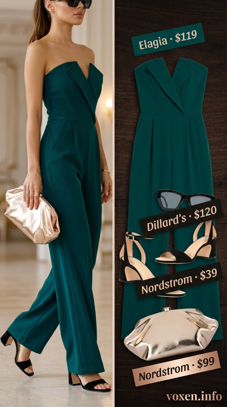 Emerald green jumpsuit with gold accessories for mob wife summer outfits 2026. Elegant evening wear.