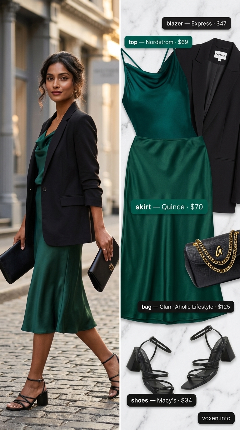 Mob wife summer outfits 2026: Emerald green satin skirt with black top, oversized blazer, and silver accessories for evening events.