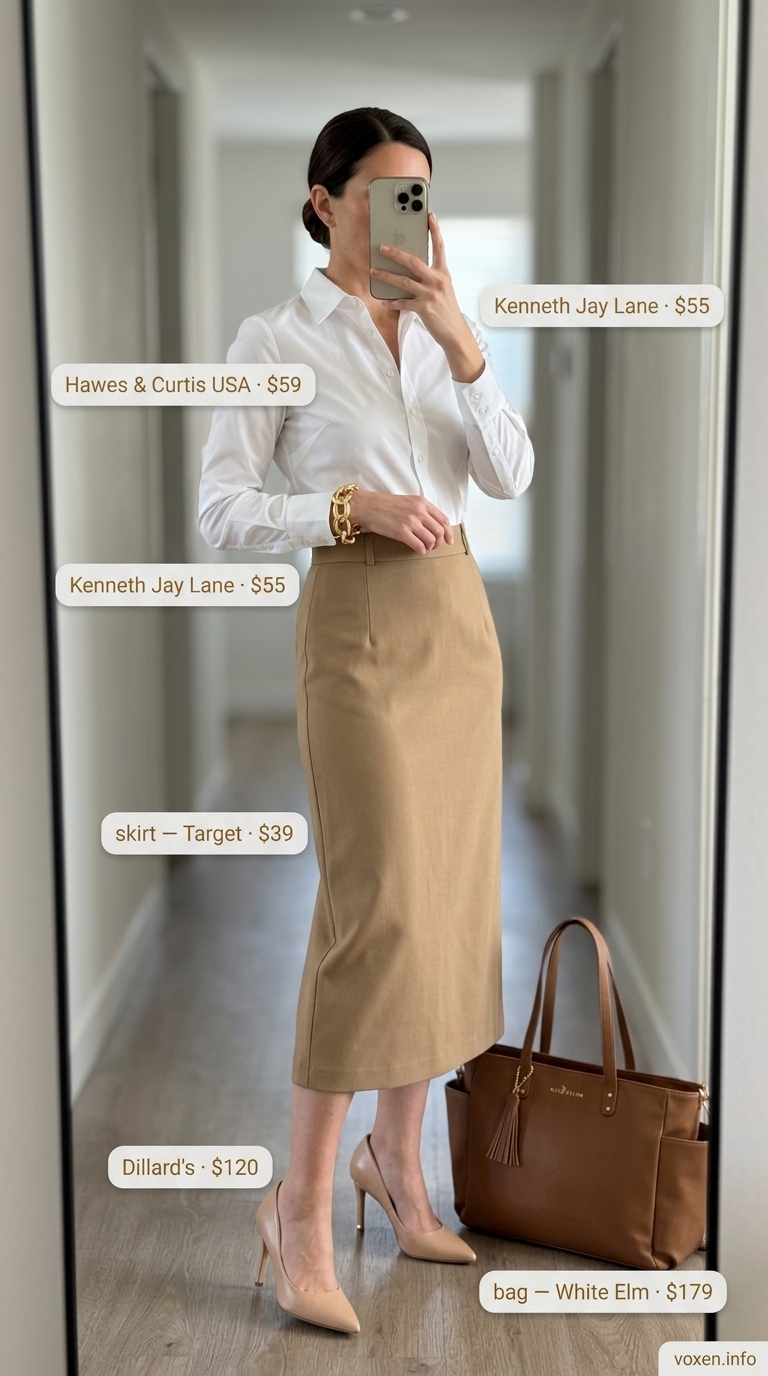 Mob wife summer outfits 2026: Tan pencil skirt with white button-down shirt, gold bracelet, and nude pumps for business meetings.