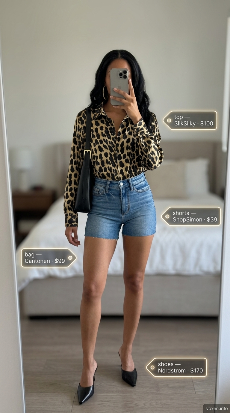 Mob wife summer outfits 2026: Leopard print silk shirt with denim shorts, gold hoops, and black mules for casual brunch.