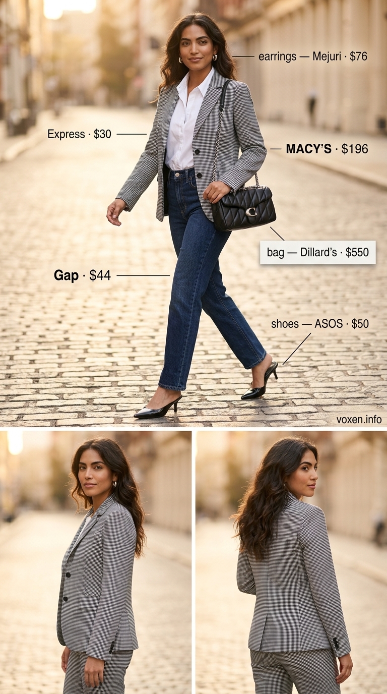 Black and white houndstooth set with denim for mob wife summer outfits 2026. Sharp daytime look.