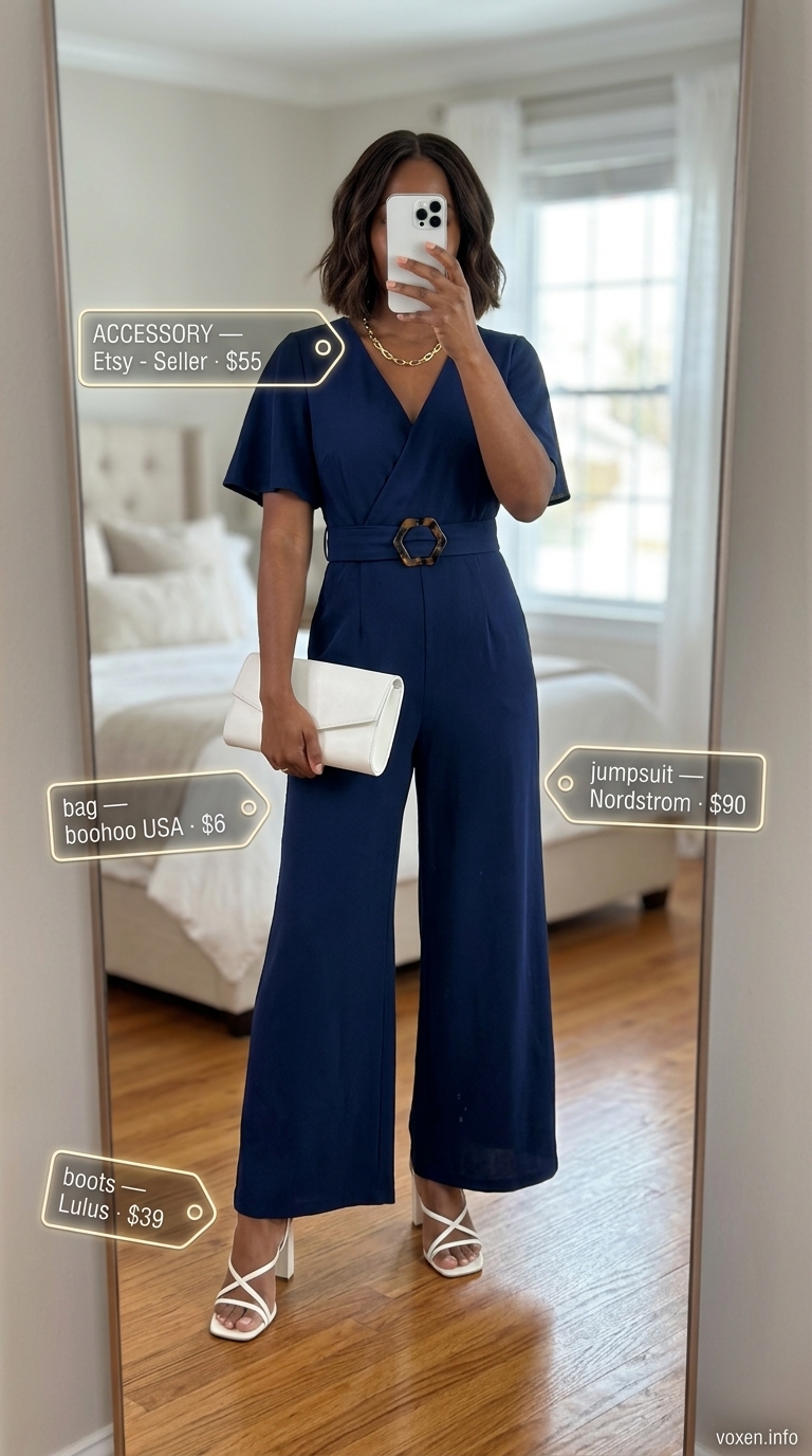 Mob wife summer outfits 2026: Navy wide-leg jumpsuit with white clutch, gold necklace, and white heels for summer gala.