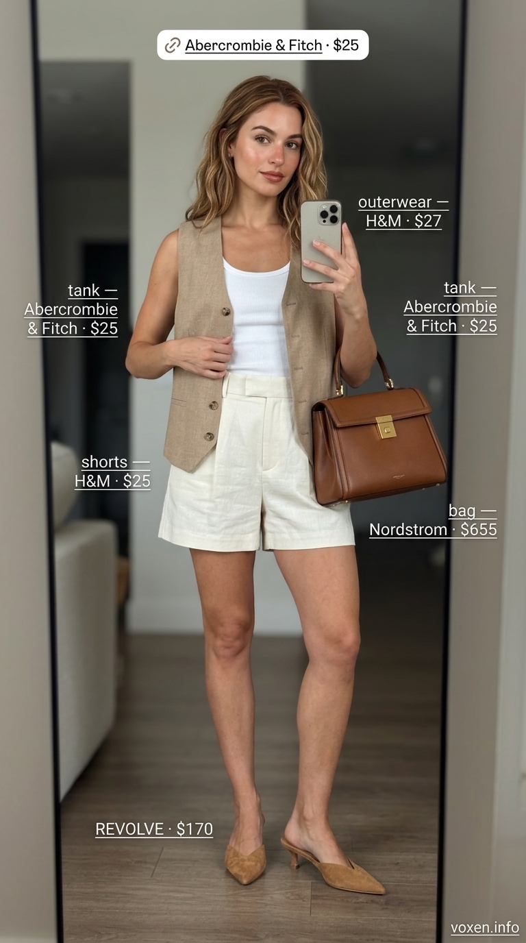Ivory linen shorts, camel blazer vest, and white tank for mob wife summer outfits 2026. Chic resort wear.