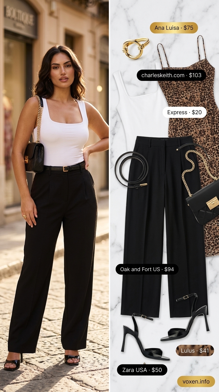 Mob wife summer outfits 2026: Black wide-leg trousers with white top, leopard print dress, and gold accessories for business lunch.