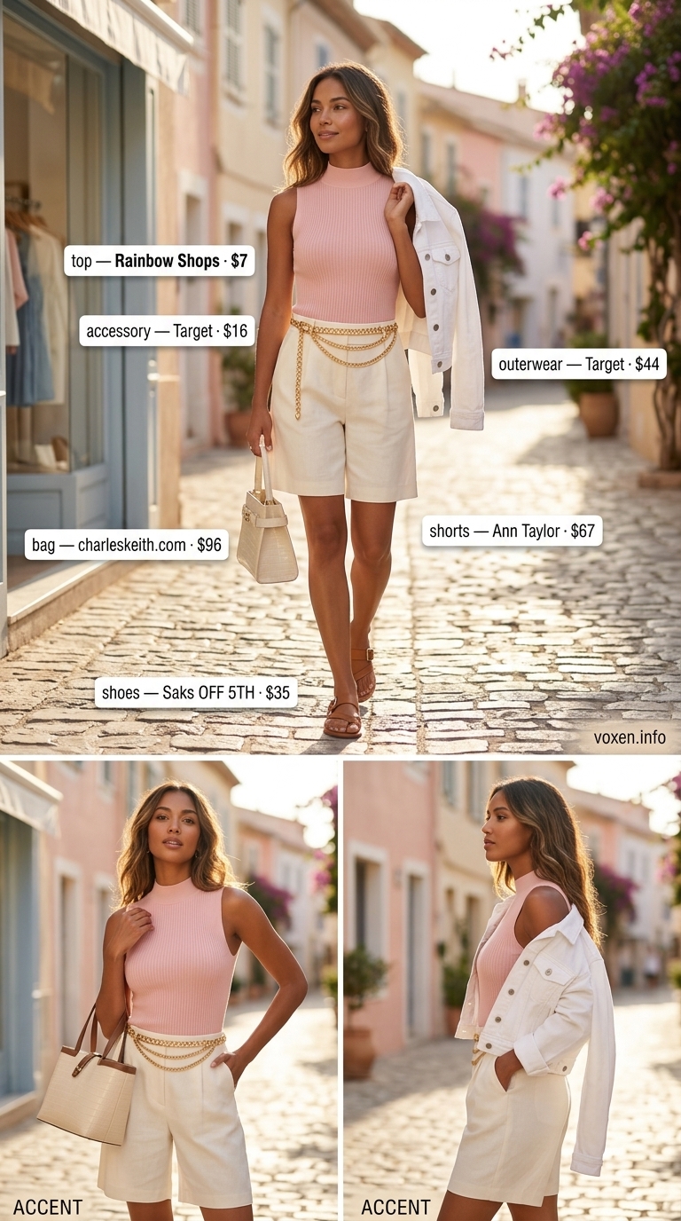 Mob wife summer outfits 2026: Navy knit polo top with tailored shorts, gold belt, and white denim jacket for resort lunch.