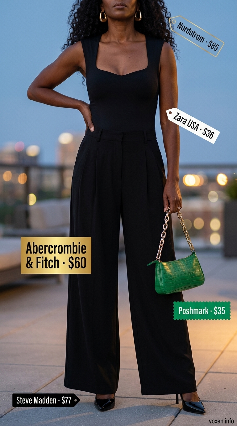 Mob wife summer outfits 2026: Emerald green bag with black wide-leg trousers & cream bodysuit for Riviera rendezvous.