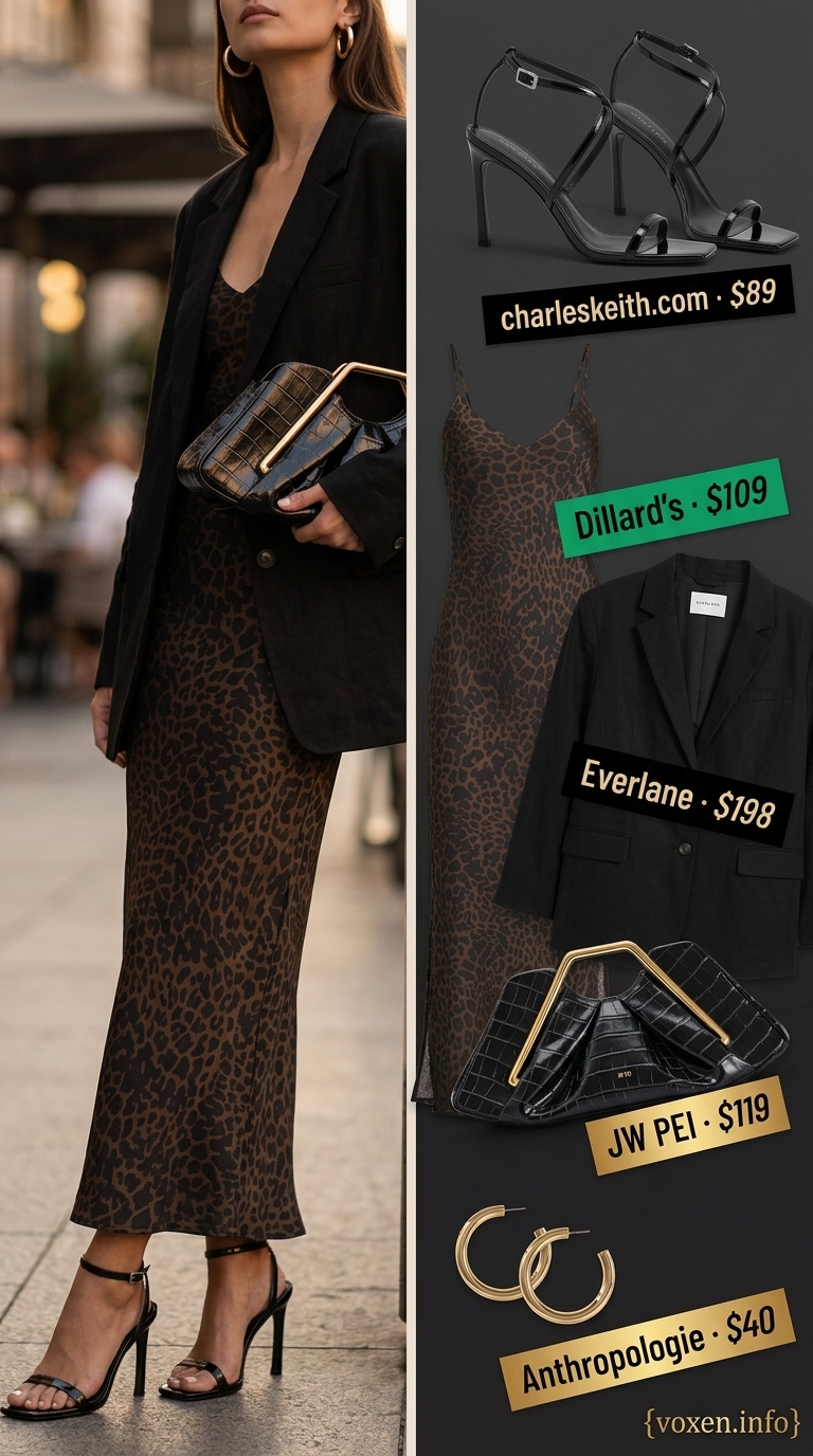 Mob wife summer outfits 2026: Leopard print slip dress with gold hoops, oversized blazer, and black heels for summer evenings.