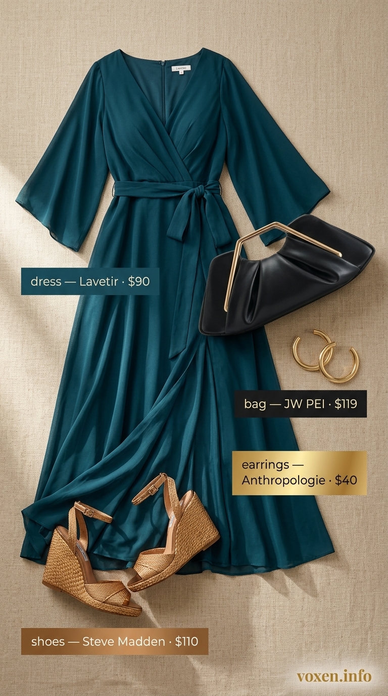 Deep teal maxi shirt dress with gold accessories for mob wife summer outfits 2026. Relaxed vacation style.