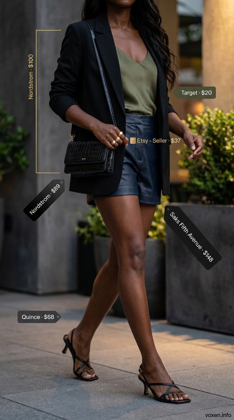 Olive silk cami, black shorts, and blazer for mob wife summer outfits 2026. Chic happy hour look.