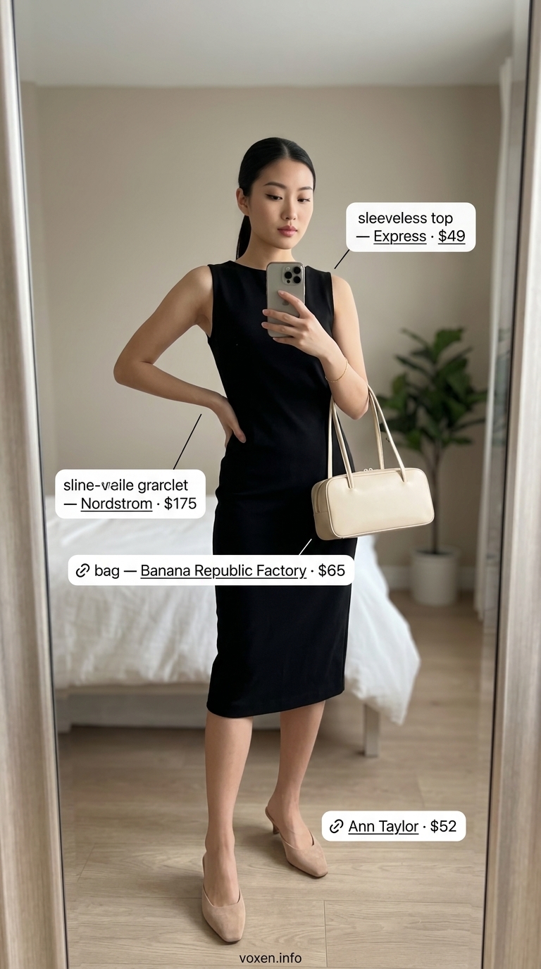 Modern black sleeveless midi dress for work events and dinner dates. Discover summer sleeveless tops for women 2026.