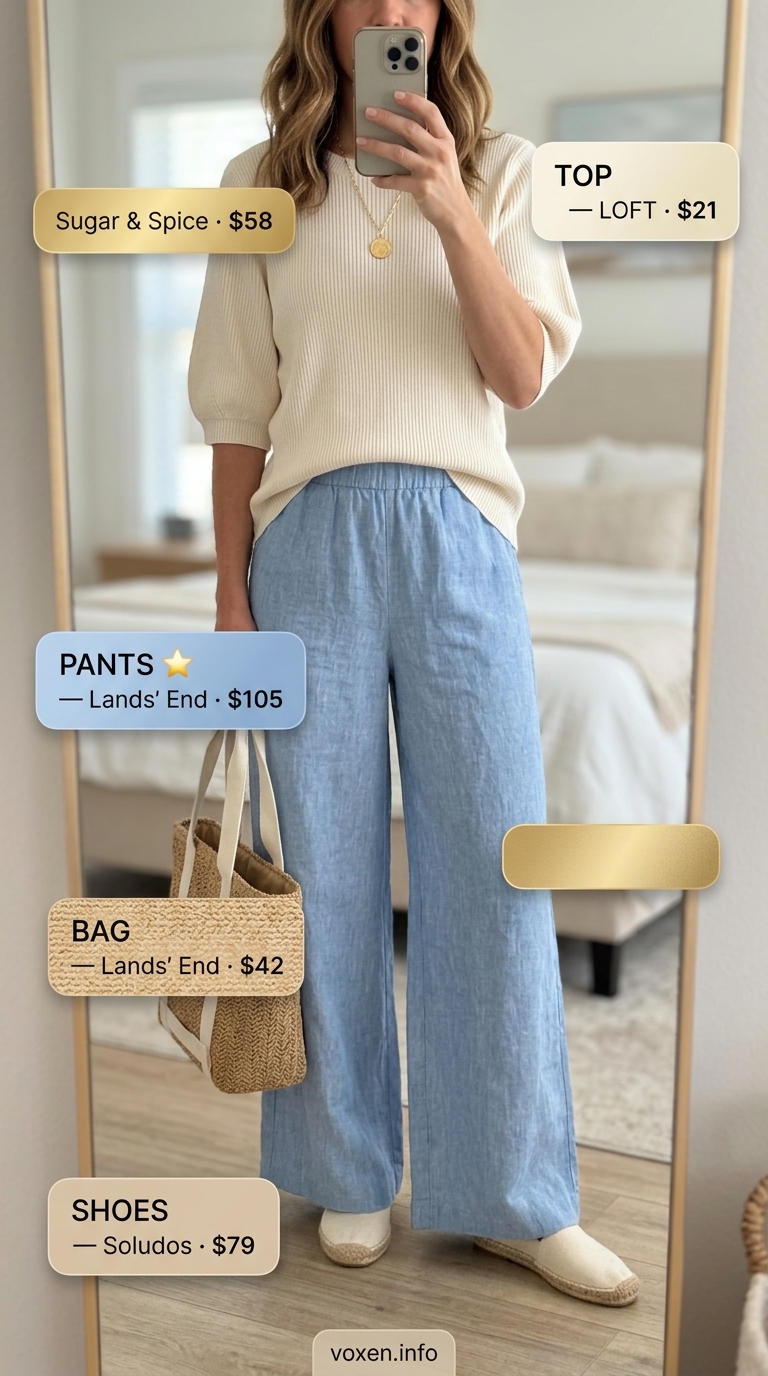 Modest summer outfits for women 2026: Sky blue linen pants, cream knit top, straw tote for coastal vibes.