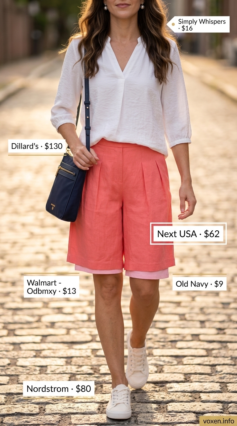 Modest summer outfits for women 2026: Coral Bermuda shorts, white flowy blouse, navy crossbody for a preppy look.