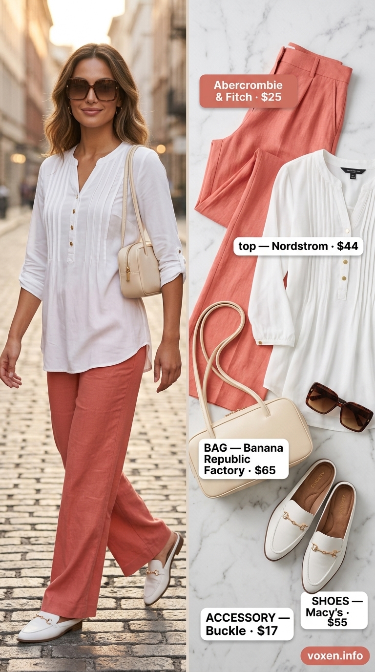 Modest summer outfits for women 2026: Muted coral tunic, beige linen trousers, tote bag for errands.