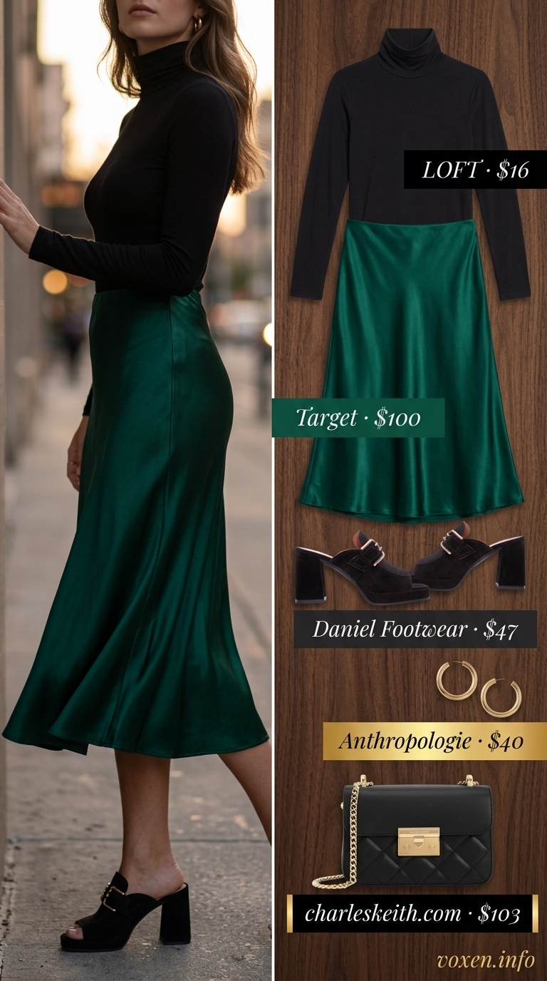 Modest summer outfits for women 2026: Emerald green satin skirt, black turtleneck, gold hoops for elegant date night.
