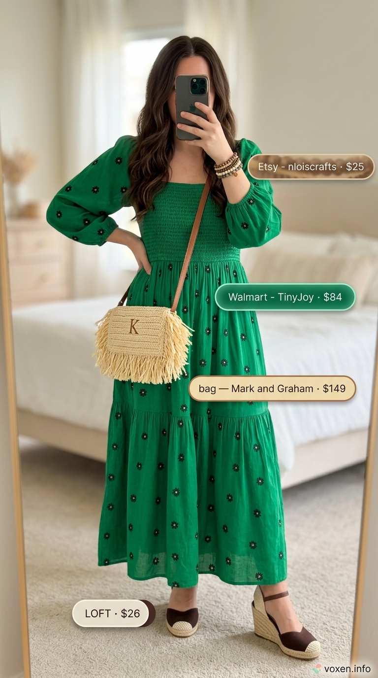 Modest summer outfits for women 2026: Earthy floral maxi dress, espadrilles, woven bag for bohemian garden party.