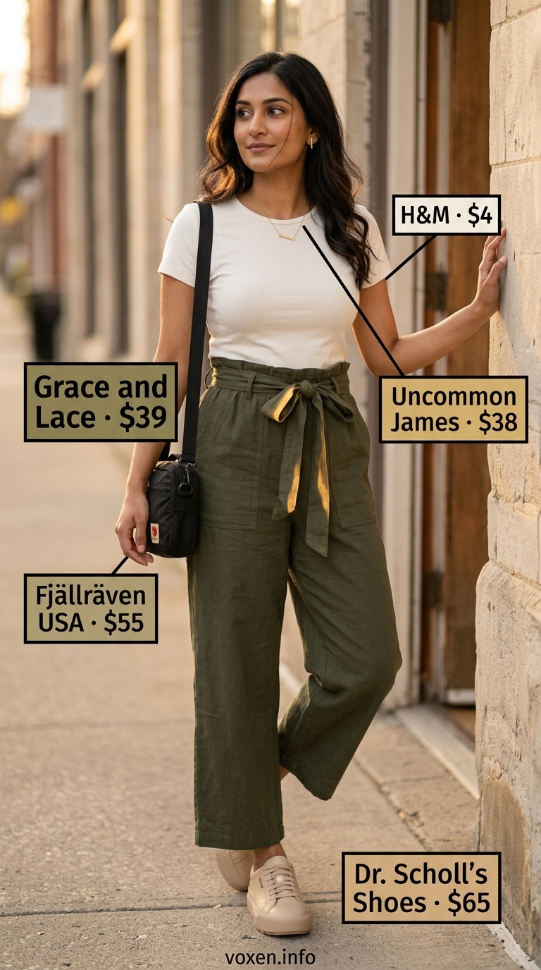 Modest summer outfits for women 2026: Khaki utility jumpsuit, ivory tee, white sneakers for chic weekend errands.