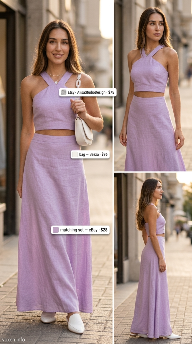 Modest summer outfits for women 2026: Lavender seersucker matching set, white mini bag, silver necklace for brunch.