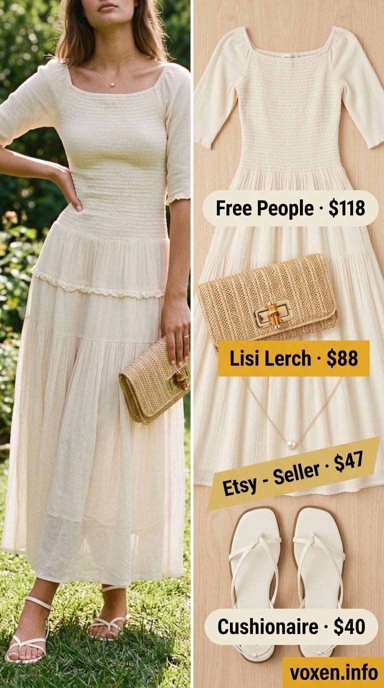 Modest summer outfits for women 2026: Lavender tiered maxi dress, straw clutch, gold pendant for garden party.