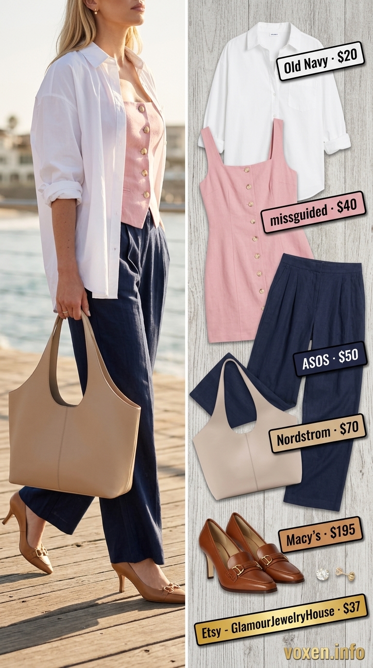 Modest summer outfits for women 2026: Navy linen pants, crisp white shirt, tan loafers for coastal business casual.